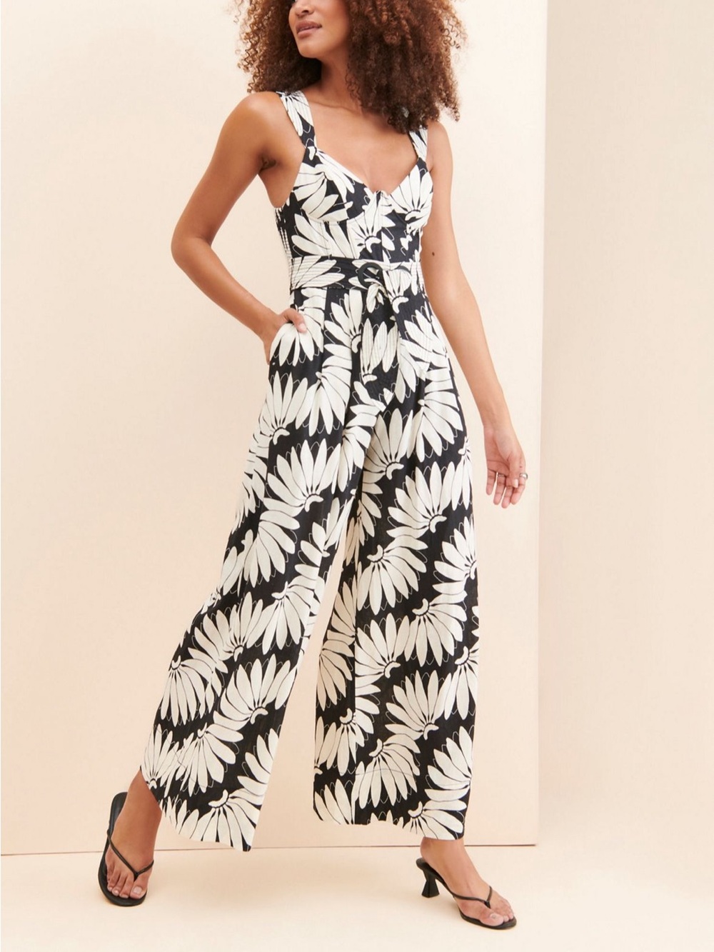 FARM Rio Black & White Floral Wide-Leg Jumpsuit